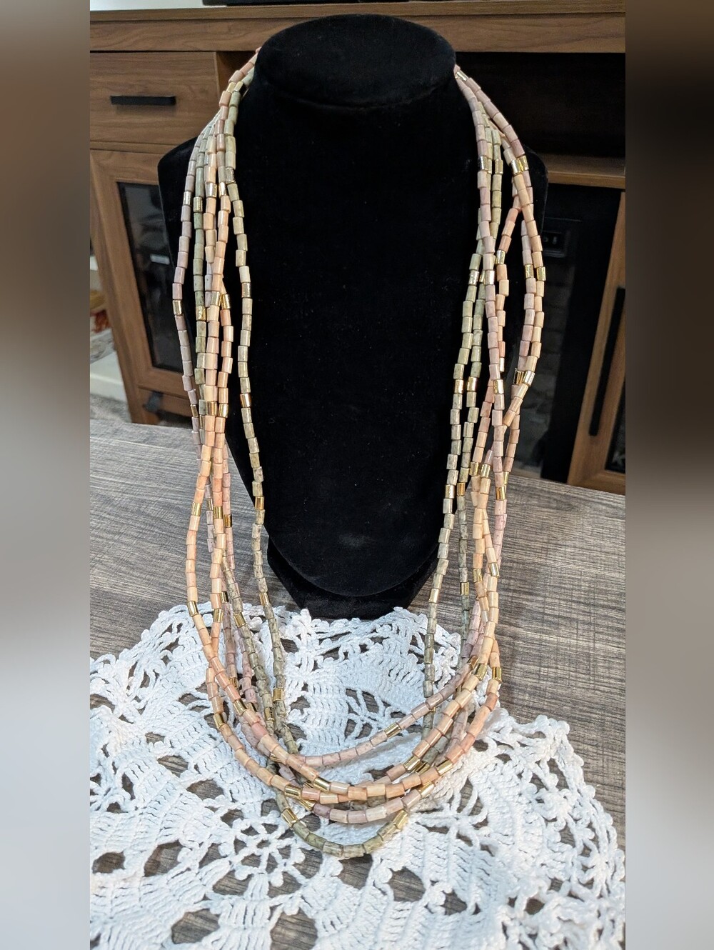 Multi-Strand Tan and Green Beaded Necklace
